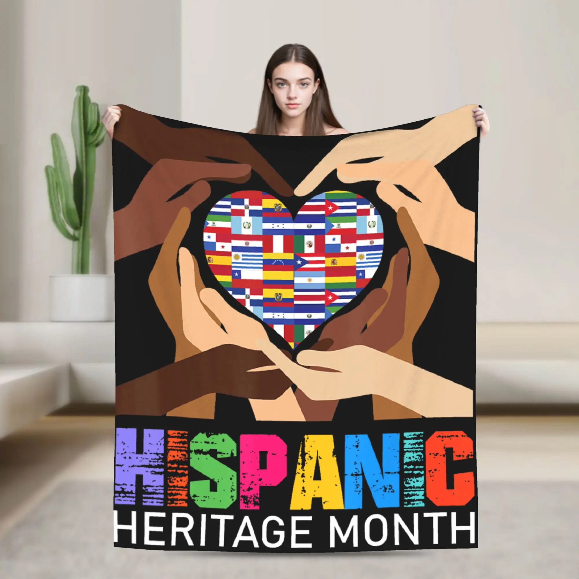 Warm Cozy Throw Blanket Travel Office Hispanic Heritage Month Hands Heart Latino Countries Flags Flannel Bedspread Bed Cover
