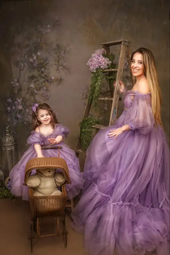 

Romantic Lavender Colored Parent-Child Outfit for Photoshoot or Birthday Party Wear Off Shoulder Soft Tulle Mommy and Me Dresses