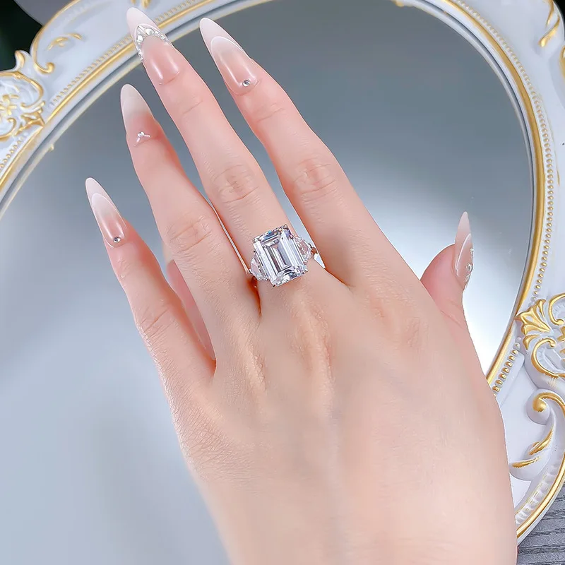 Luxury 10x14mm High Carbon Diamond Rings for Women - 925 Sterling Silver Wedding Engagement Ring & Bridal Anniversary Jewelry