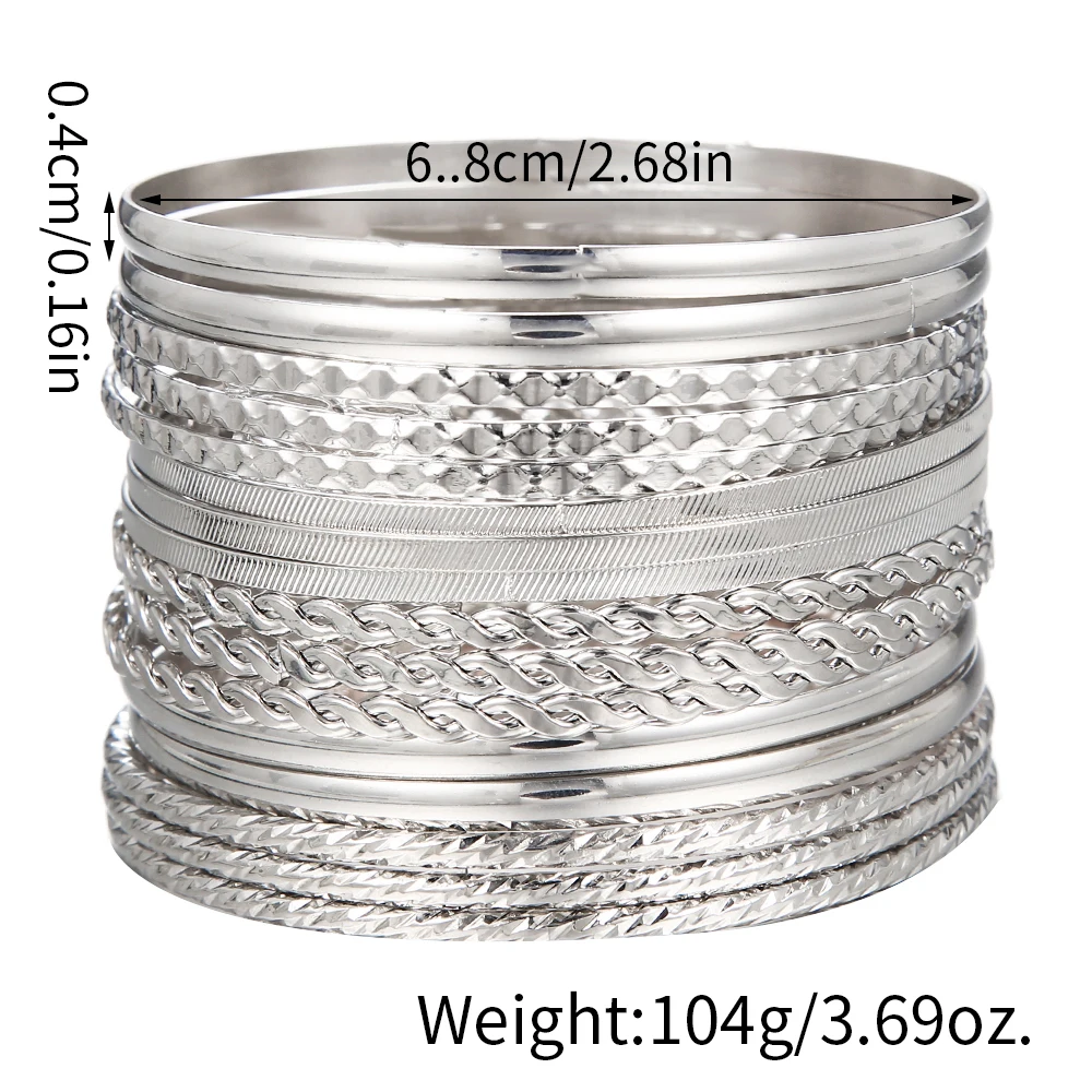 New Arrivals 16PCS/SET Silver Color Metal Copper Big Circle Bracelet Bangles Sets for Women Girls Punk Bracelet Jewelry