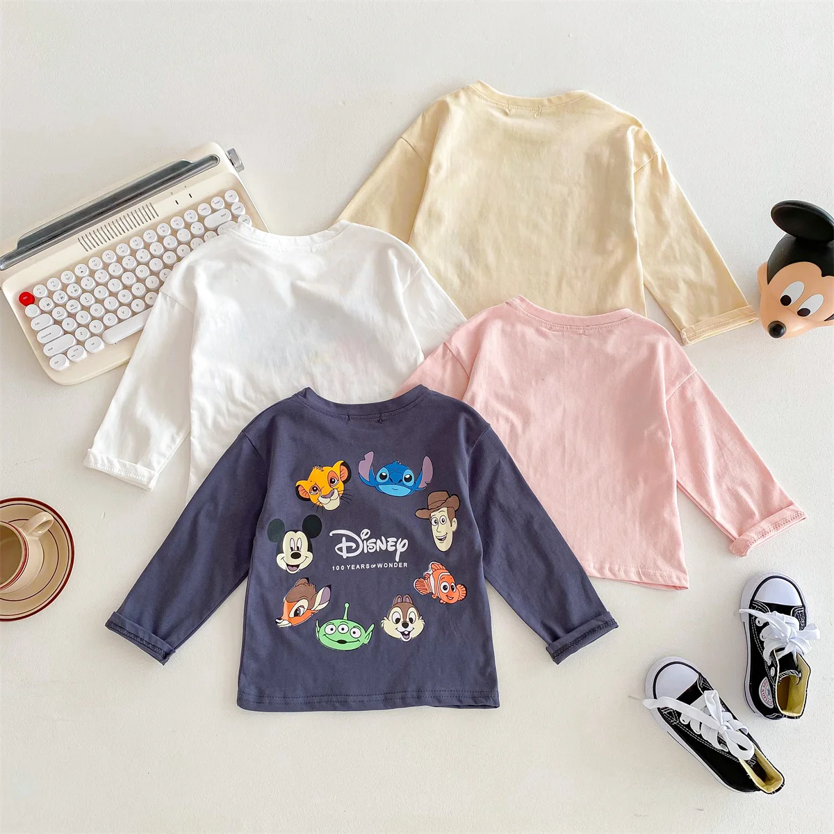 2024 Spring New Long Sleeve T-shirt Printed Cartoon Mickey Kids Girl Base Shirt Crewneck Pullover Tops Children's Clothes Blouse