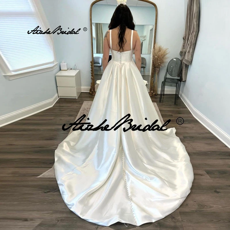 Plus Size Spaghetti-Trägern U-Ausschnitt A-Linie Brautkleider Brautkleid rückenfrei Sweep Zug Vestidos De Novia