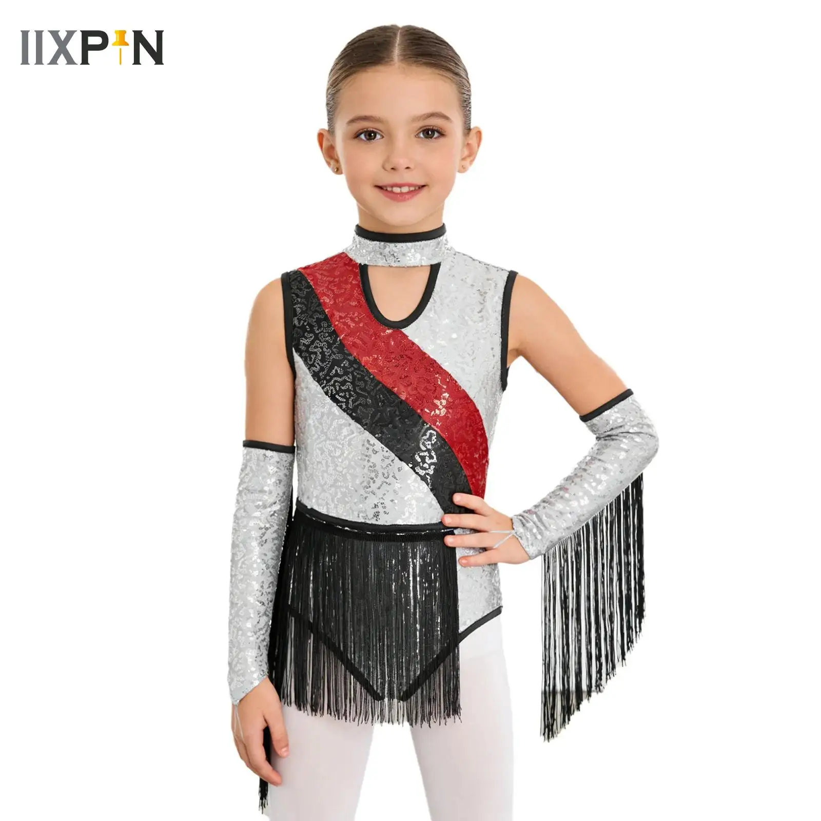 

Детское балетное платье для девочек, костюм для латиноамериканских танцев, безрукавное платье-леотард с вырезами и бахромой, с перчатками, одежда для соревнований