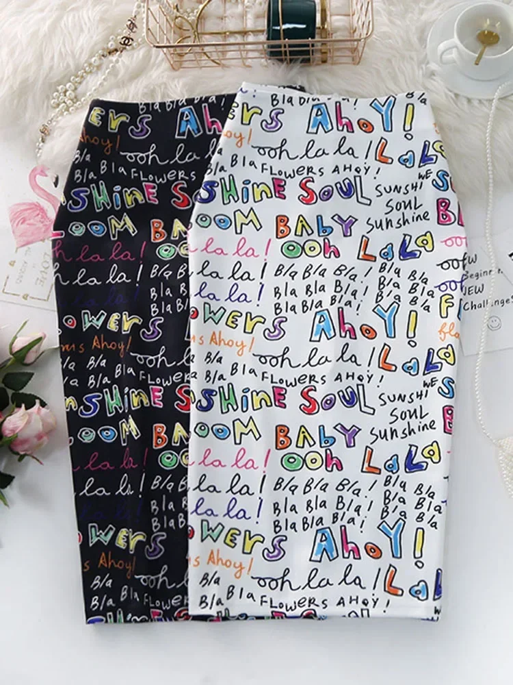 

Women's Pencil Skirts letters Printed Graphic Summer Autumn High Waist Slit Tube faldas Woman Stretch Skirt Female GD503