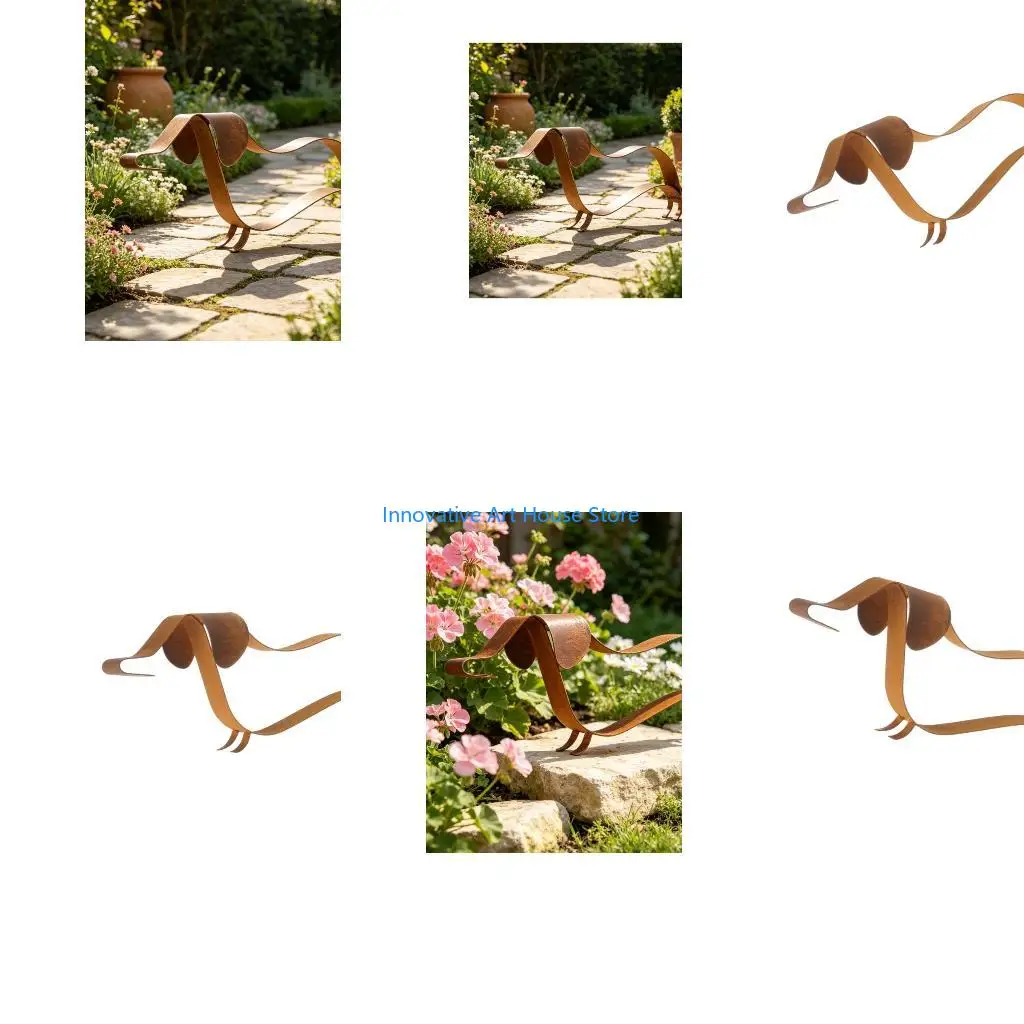 E1PC Antique Bronze Rusty Sausage Dog Figurine for Garden and Patios Styling