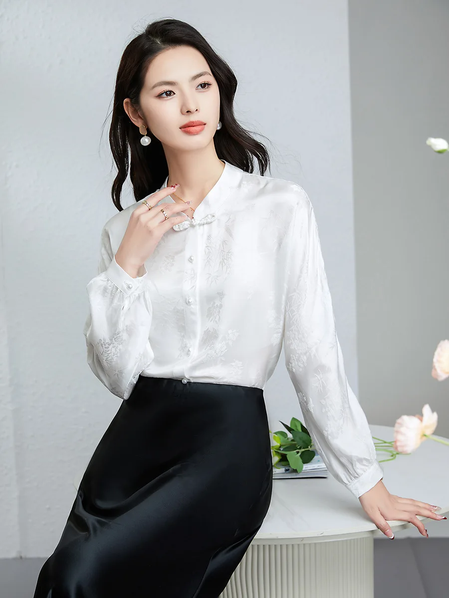 Winsleter-24,4% zijde 75,6% viscose elegant shirt, standaard jacquard, dames retro temperament pendelblouse, herfstnieuw 2025, T59433CC