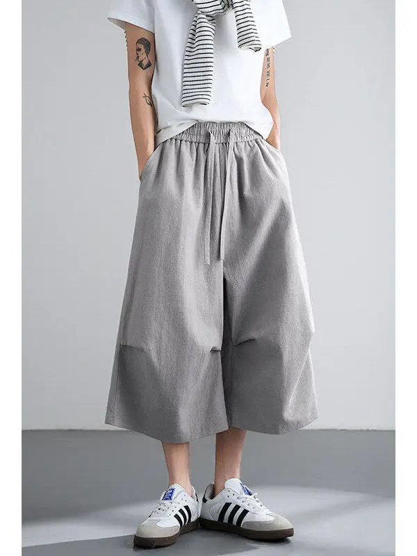 

Light ey Cotton-Like Pleated Men's Summer orts CleanFit Silhouette Blade ape Youthful Daily Wear Seven-Quarter Length