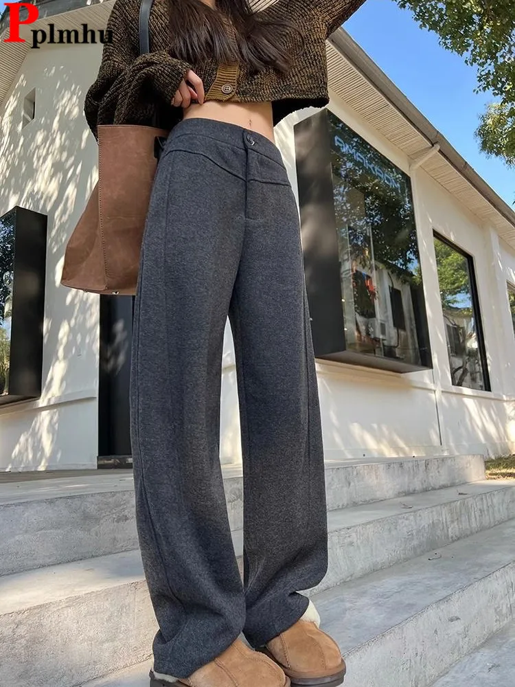 

Korea Casual Baggy Wool Blend Wide Leg pants Velvet Lined Lace-up High Waist Pants Fashion New Pantalones Winter Women Spodnie