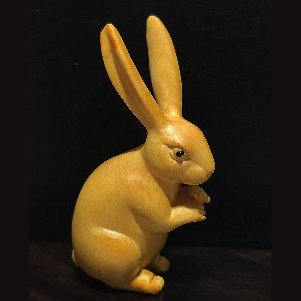 

Y8063 - Stunning 2" Hand Carved Boxwood Netsuke Carving Figurine - Rabbit with Long Ears