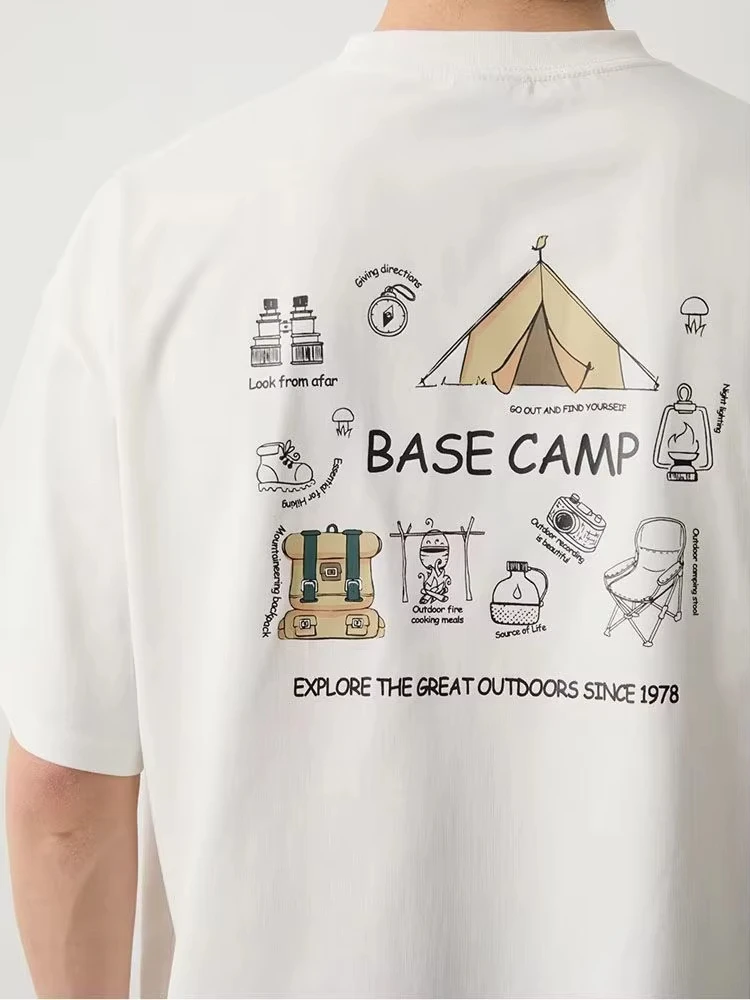Base Camp Explore The Great Outdoors Print Unisex T Shirt 2026 Summer Oversized Cotton Outdoor Streetwear Tops T Shirts for Men