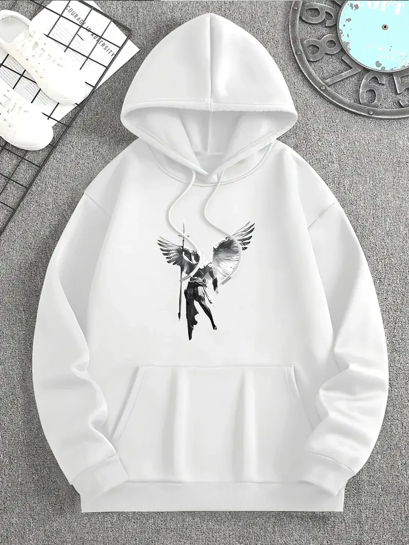 Men'S Hoodie American Dark Distressed Wings Street Casual Style Loose Back Torn Broken Angel Wings Art Print Autumn Winter Men'S Daily Tops Hooded Sweatshirt
