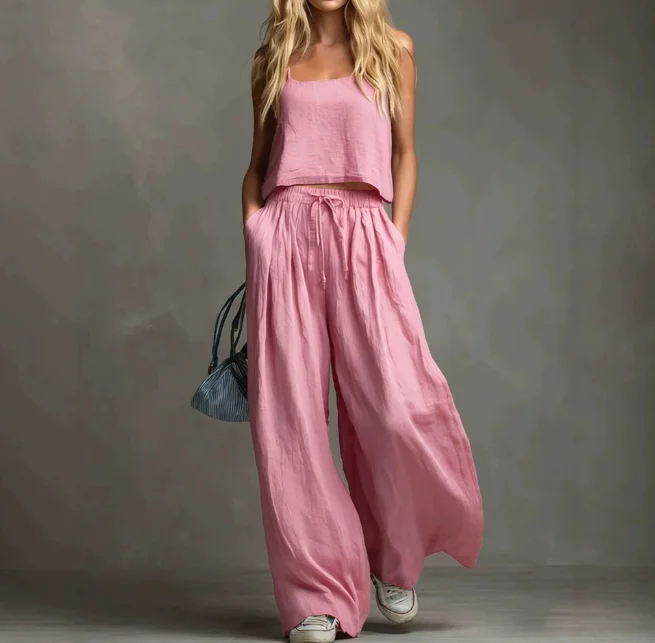 Two Piece Set Women Outfit 2026 Spring Summer New Solid Color Square Collar Sleeveless Camisole Top & Casual Wide Leg Pants Set