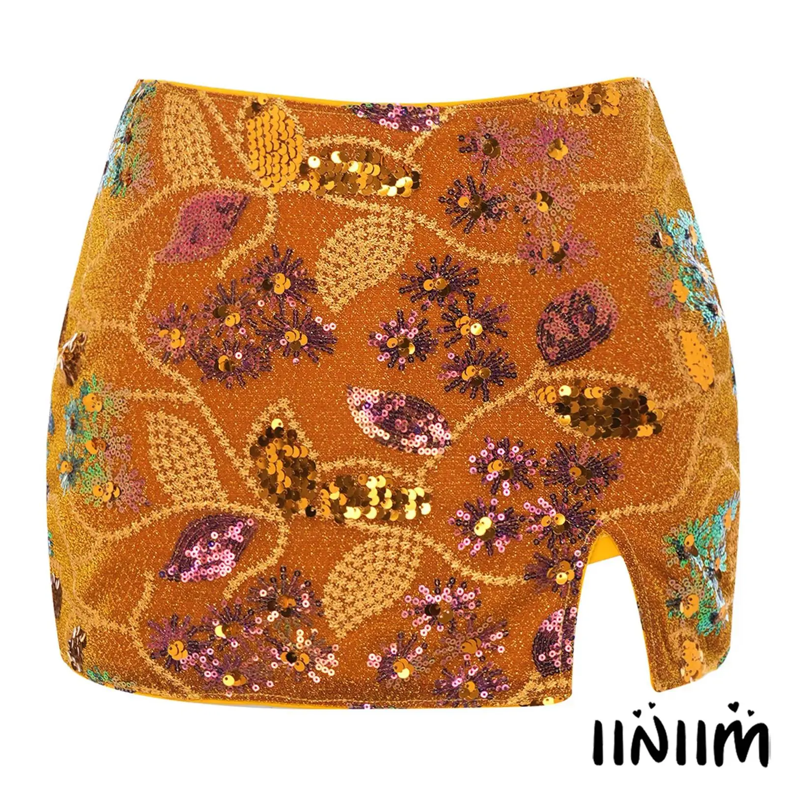 Women Sequin-decorated Embroidery Pattern Ethnic-style Built-in Shorts Side Zipper Mini Skirt for Party Vacation Dating