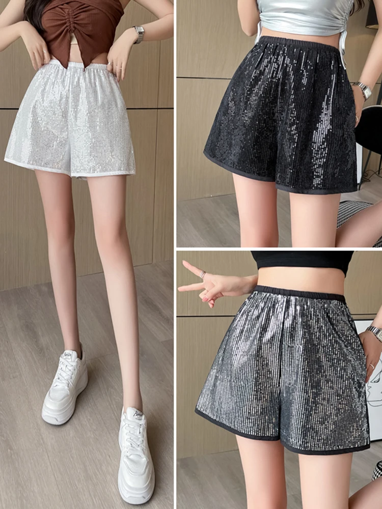 

2023 Bling Metallic Shorts for Women Sequin High Waist Black Skinny Party Nightclub Dance Bottoms Hot Girls Wear