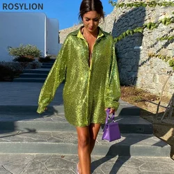 Women Streetwear Sparkling Shiny Green Silver Long Sleeve Loose Large Size Mid-length Ladies Button Up Top Sequined Shirt S-XL