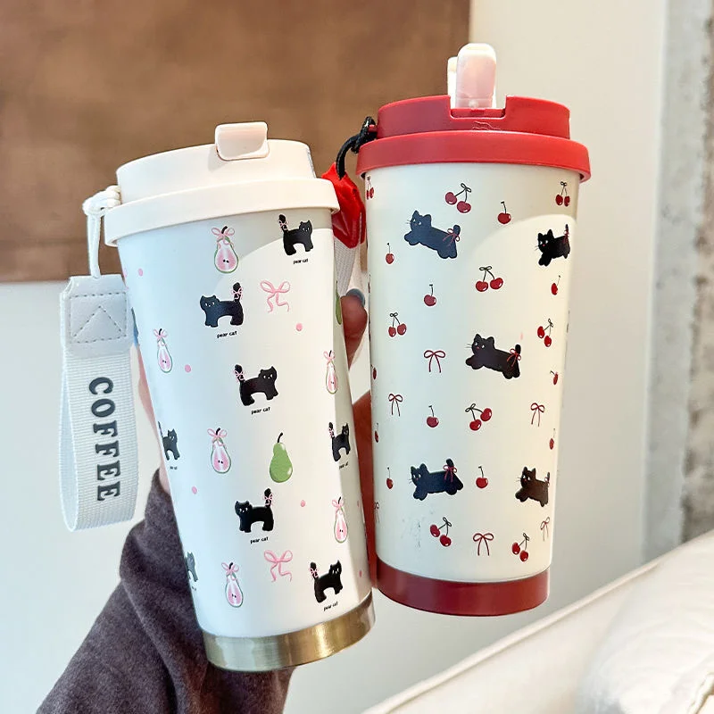 550ml Portable Dual-Drink Vacuum Insulated Cup With Straw Floral Kitten Design Large Capacity Portable Water Bottle