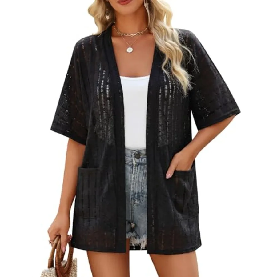 

Женский пляжный кимоно-кардиган Blooming Jelly с коротким рукавом, вязаный крючком, с открытым передом, летний, с карманами