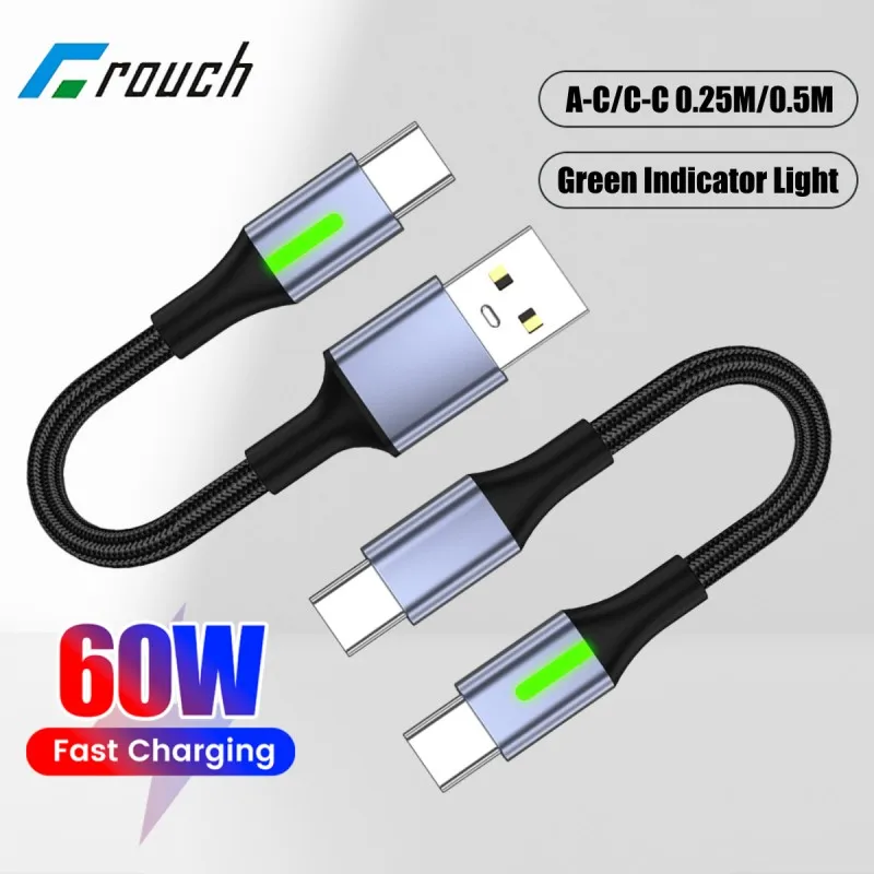 

60W Fast Charging Short USB Type C Cable Indicator Light Type C To Type C Cable Power Bank Cable for iphone 15 16 Samsung Xiaomi