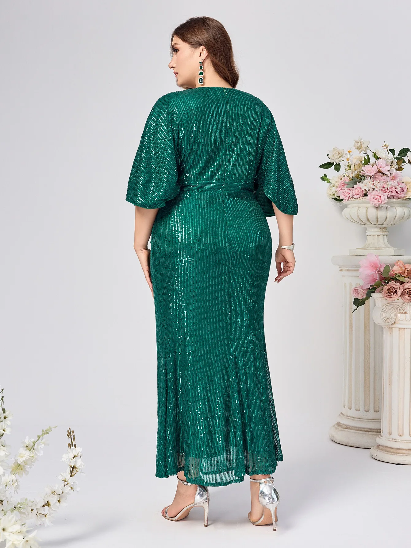 Plus size feminino vestido de lantejoulas elegante com decote em v babados mangas curtas vintage lápis plissados fino ajuste moda banquete cocktail vestido