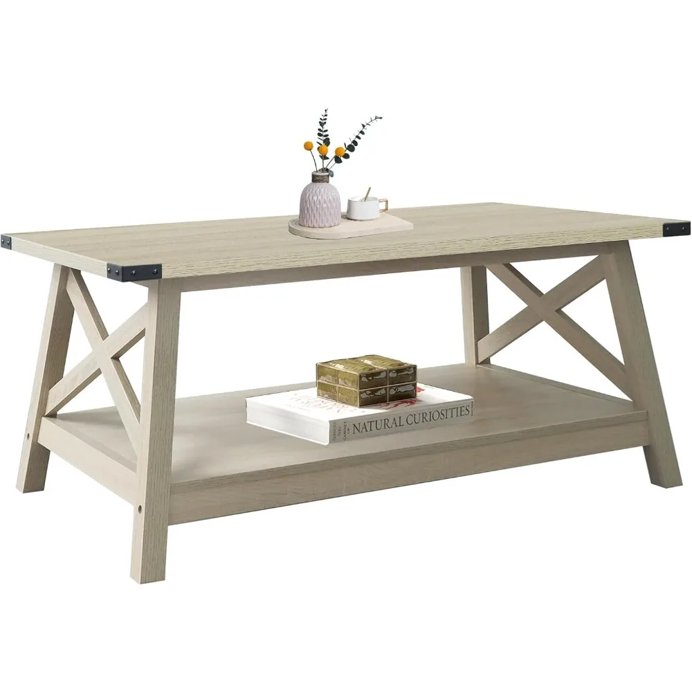 Farmhouse Coffee Table with Corner Protection, 40 Inch, White Oak