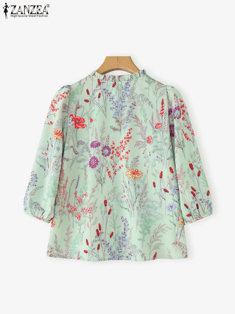 ZANZEA Vintage Tops Women Shirts Floral Print Bohemian Holiday Blouse 2025 Summer 3/4 Puff Sleeve Fashion Casual Ruffled Tunic