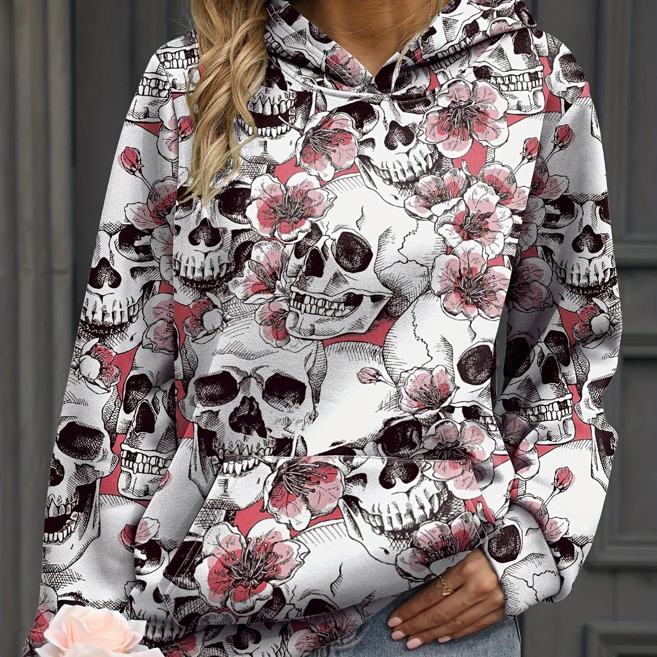 Czaszka kwiatowy wzór 3D bluzy z kapturem z nadrukiem moda damska bluzy z kapturem Streetwear swetry dresy w stylu Harajuku odzież damska — zdjęcie 4