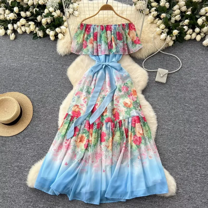 Women Floral Chiffon Maxi Dress Off Shoulder Elastic Waist Boho Summer Beach Holiday Long Robe Sexy Elegant Vacation Outfit