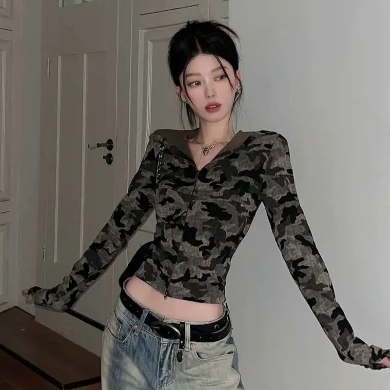 

Крутая камуфляжная толстовка с длинными рукавами для пикантных девушек, пальто, женская одежда, американская осень, ретро, сексуальный облегающий кардиган на молнии, короткий топ