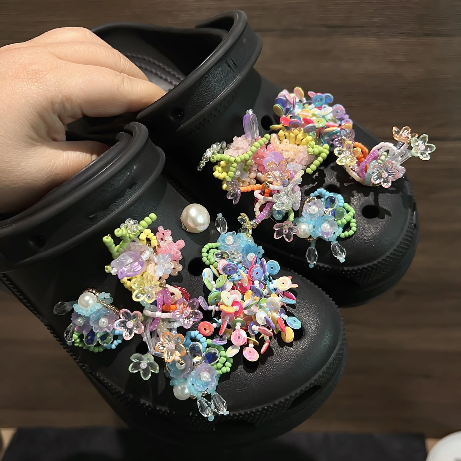 جديد HotSame نمط ثقب الأحذية زهرة الملحقات مطرز شرابة الزجاج الخرز الراقية اكسسوارات الأحذية الملحقات #1