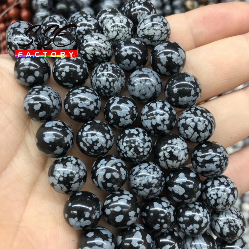 Natural Snowflake Obsidian Stone Beads Alabaster Round Loose Spacer Bead For Jewelry Making DIY Charm Bracelet 4 6 8 10 12mm 15\