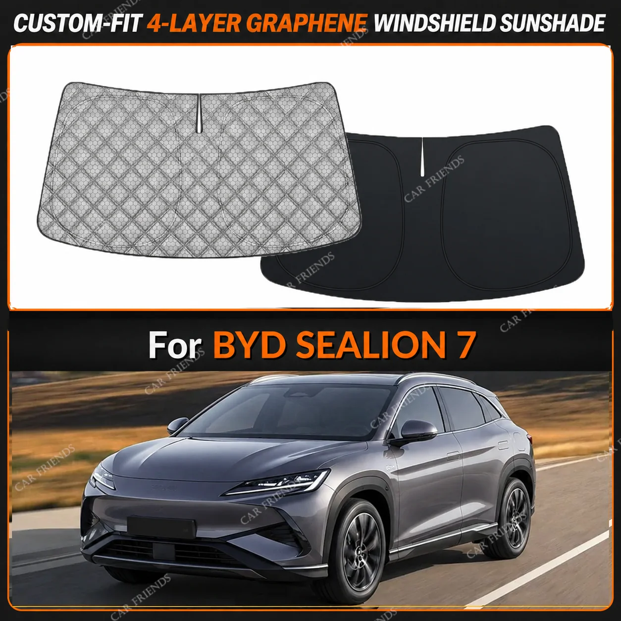 For BYD SEALION 7 Custom-Fit 4-Layer Graphene Windshield Sunshade Reflective Gray-Silver Surface Helps Reduce Direct Sunlight