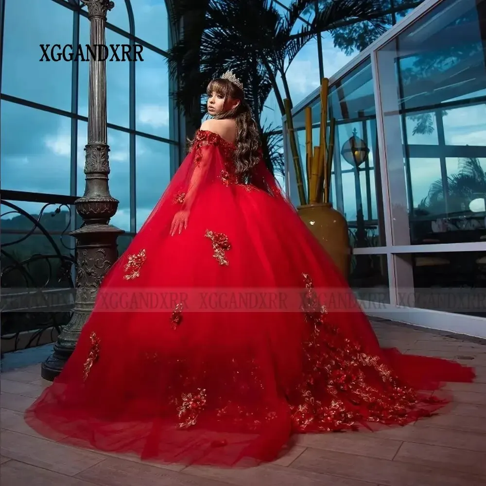 Rote Prinzessin Quinceanera Kleider 2024, 3D-Blumenblumen, Ballkleid, süßes 16-Kleid, Cape, Vestidos de 15 Jahre, Quinceañera, individuell gestaltet