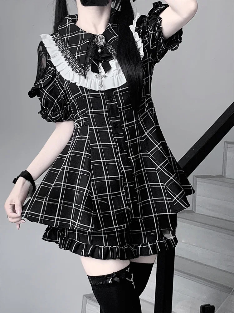 Japanese Mine Y2K Subculture Summer Autumn Women's Short/long Sleeve Lace Bow Plaid Dress Shorts Set Girls JK Lolita Outfits