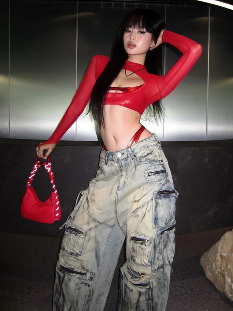 See Through Slim Women Hollow Out Harajuku T-shirt Sexy Y2k Aesthetic Mesh Harajuku Red Tshirts Streetwear Red Grunge Crop Tops