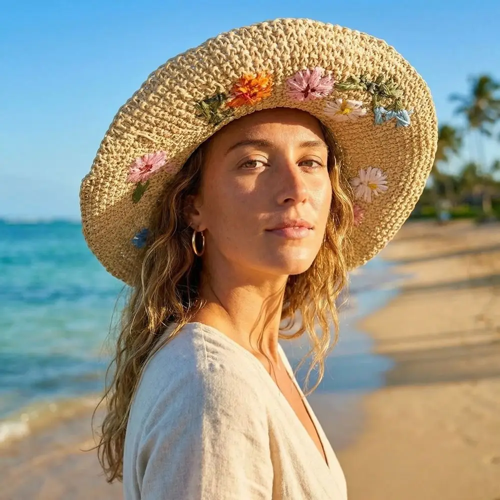 

Casual Colorful Flower Straw Hat Boho Wide Brim Weave Hat Korean Style Foldable Fisherman Hat Party
