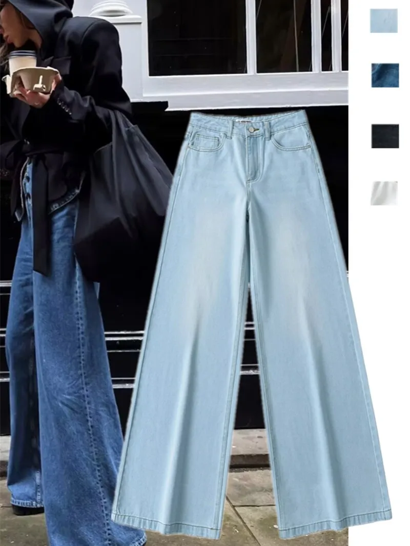 Damskie dżinsy z szerokimi nogawkami i obniżonym stanem, prosty krój, luźny krój, styl amerykański retro, długie spodnie z denimu.