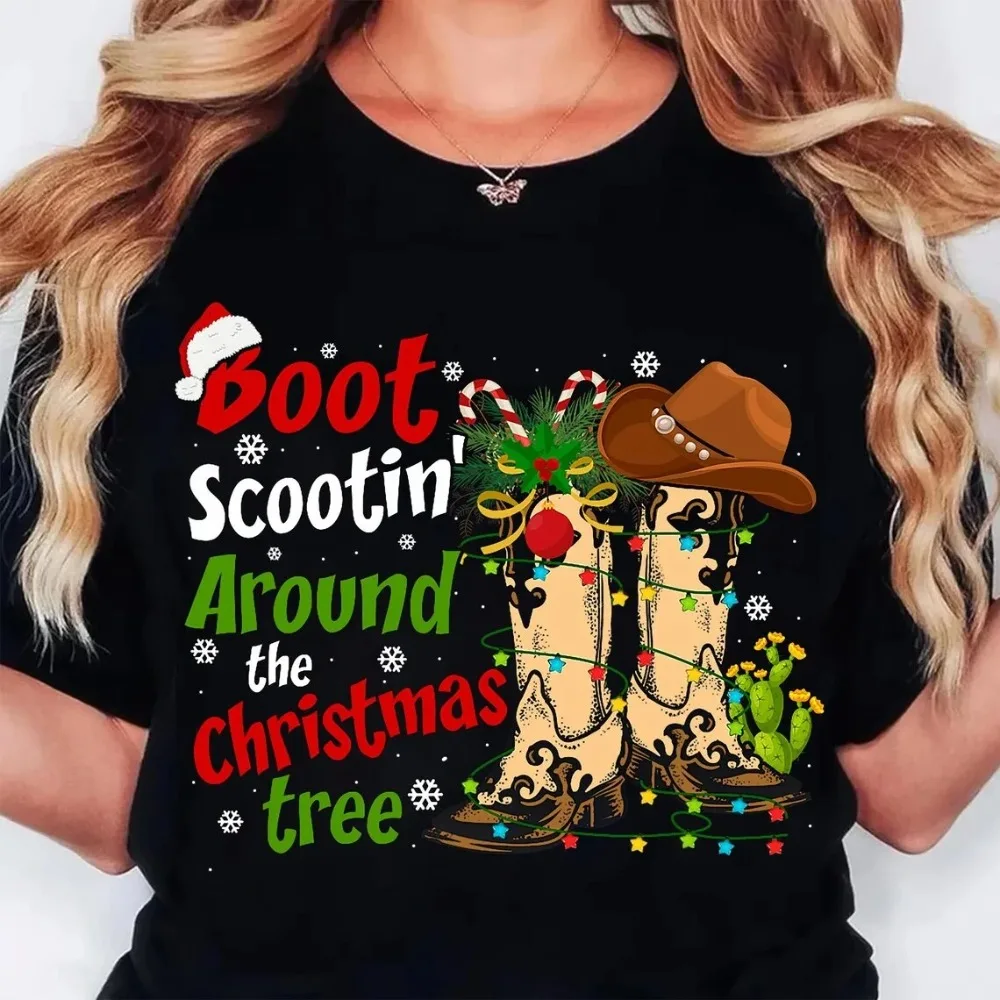 Boots Christmas Shirts Western Cowgirl Holiday Tee Casual Short Sleeve Top Women's Clothing Cartoon Street-wear Y2k Clothes