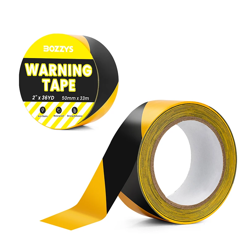 

BOZZYS Black Yellow Hazard Tape 50mm x 33M Self Adhesive PVC Caution Tape for Construction Warehouse Floor Marking
