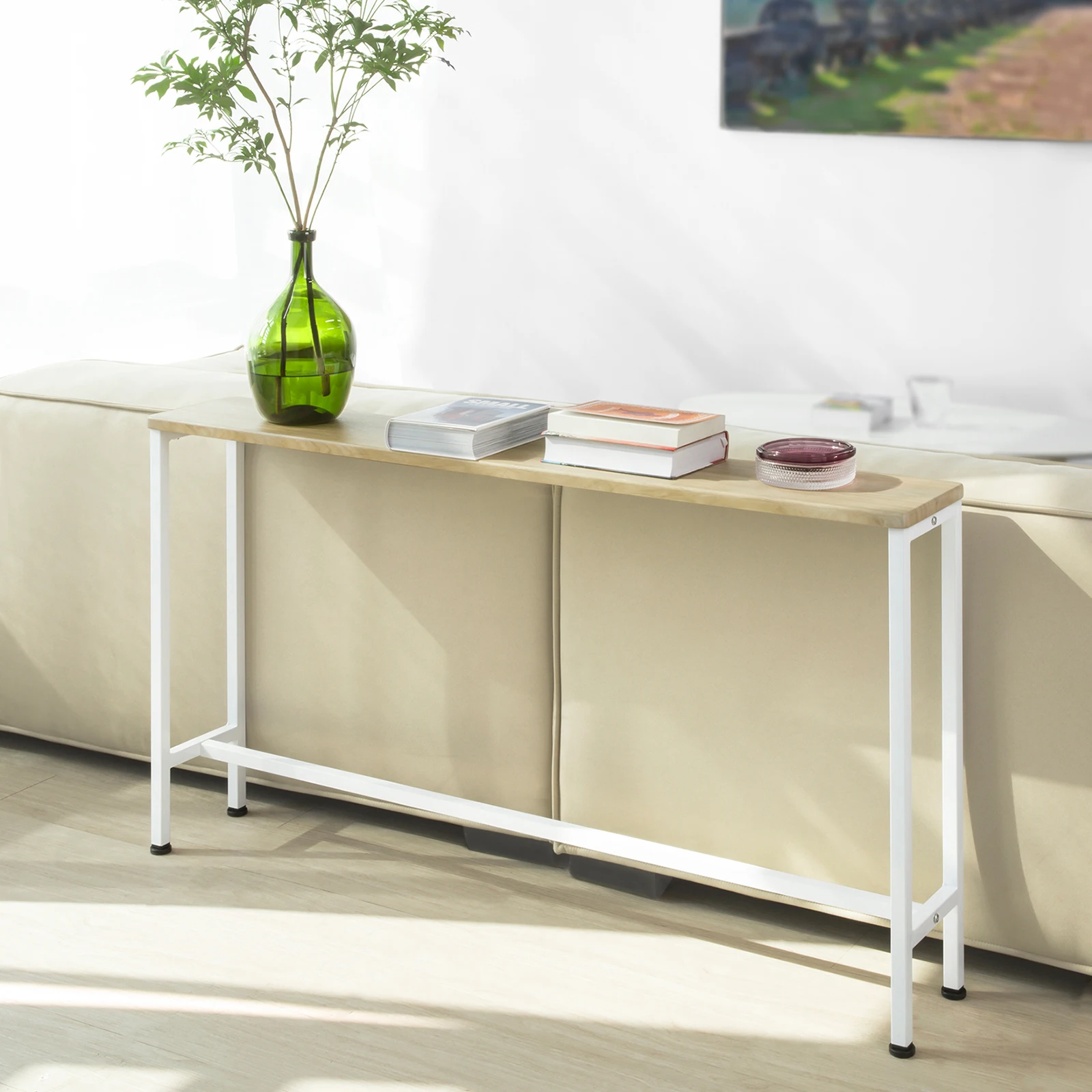 SoBuy FSB19-Z Konsolentisch Schmal Flurtisch – Konsolentische Fürs Wohnzimmer, Metall Sideboard, Robustes Design – Ideal für Flur Möbel, Büro – Natur & Schwarz, 120x65x20cm