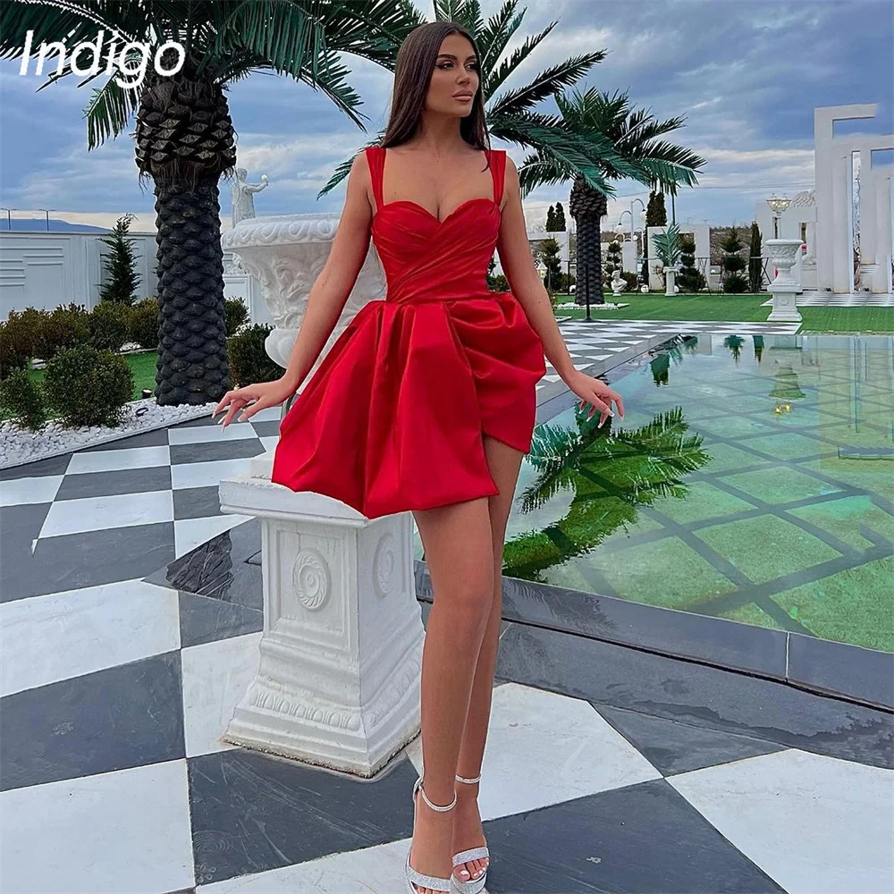 Indigo Short Prom Dresses Sweetheart Spaghetti Straps Pleat Open Back Satin Above Knee Evening Gown Women فساتين الس Customized