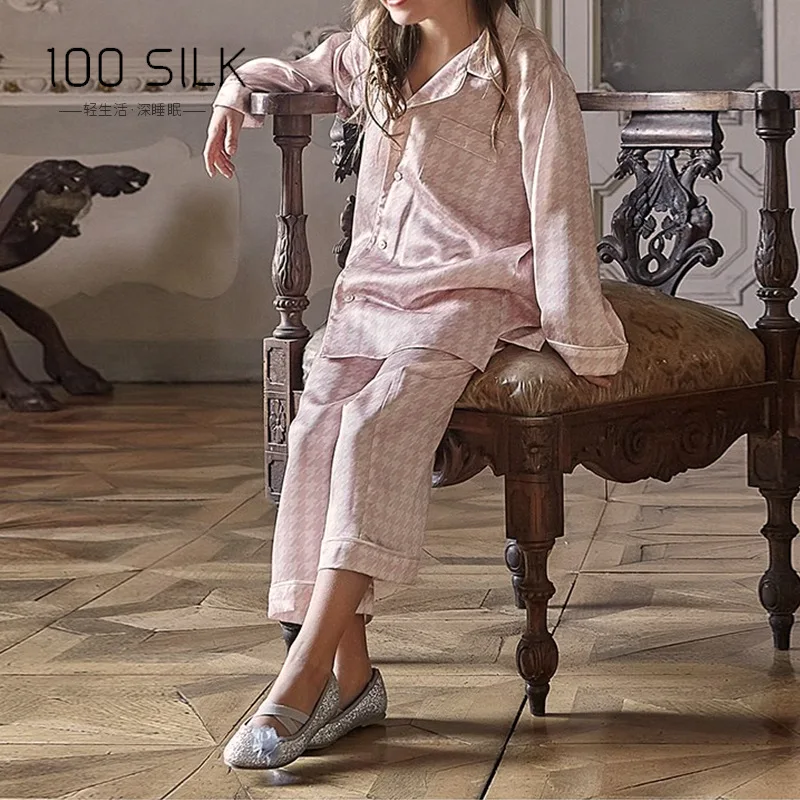 Birdtree, 19MM 100%Real Silk Children Pajamas Sets, Long Sleeve Houndstooth,  Soft Leisure Wear 2024 Summer Autumn New S479123QC