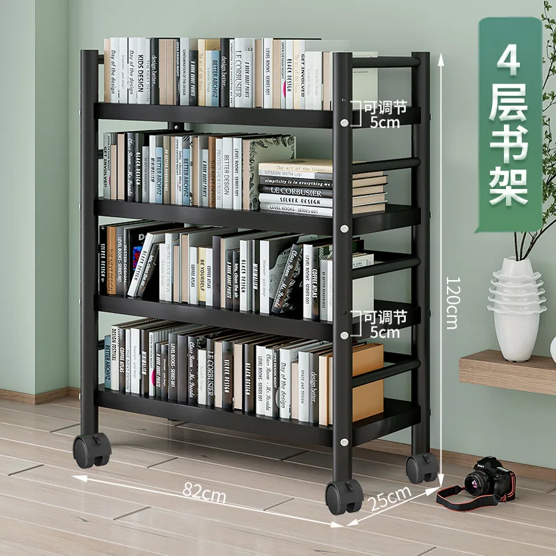 Bookshelf rack with universal wheel household multi-storey storage living room kitchen simple storage steel shelf display rack