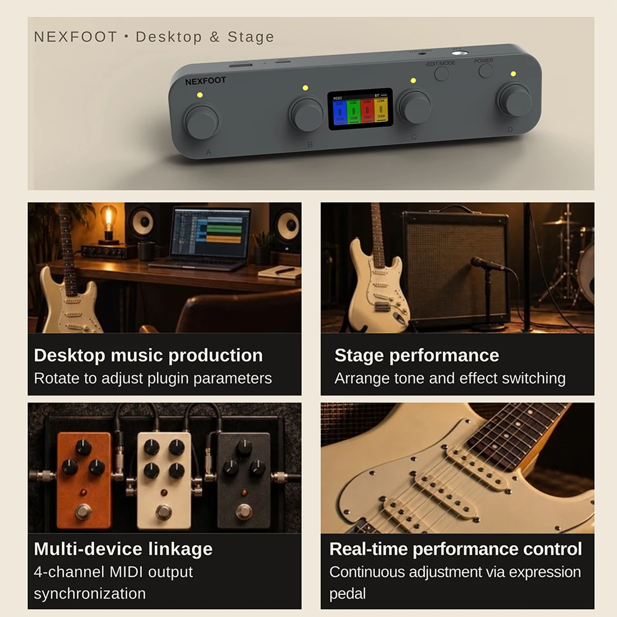 LIVTRA NEXFOOT MIDI Controller with 4 Encoders - Dual MIDI/PEDAL Mode, 2560 Positions, USB-C/BT/HOST, 1.47" TFT, 185g