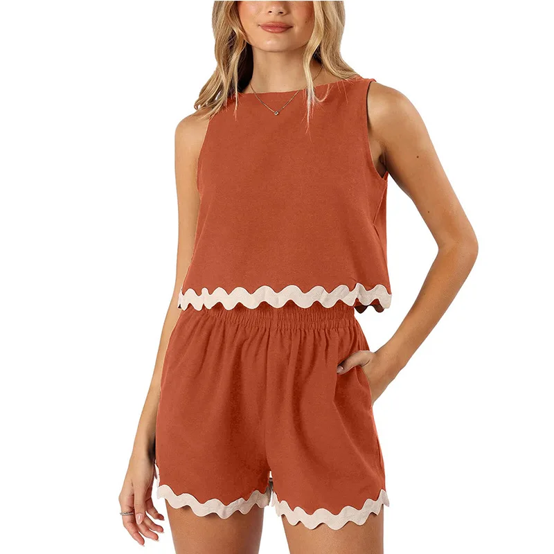 여름 웨이브 스트라이프 패치 워크 반바지 여성을위한 설정 인과 O 넥 탑 높은 허리 반바지 여성 패션 홀리데이 비치 2 조각 세트