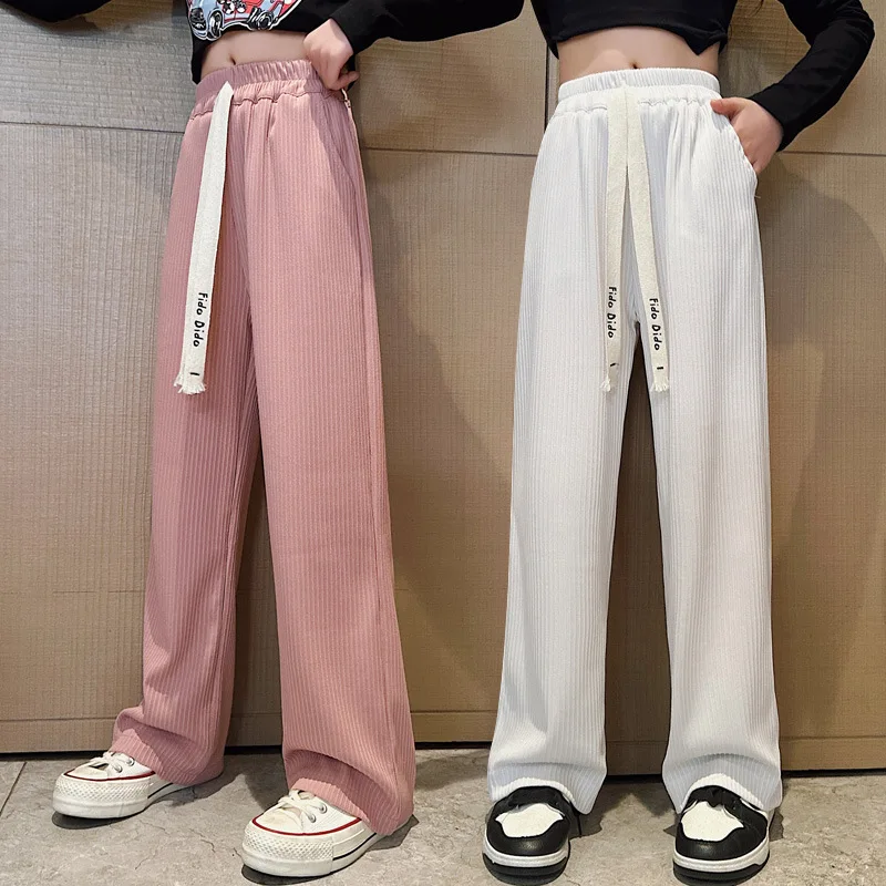 Spring Teenage Chenille Pants for 2023 Autumn Children's New Ribbon Printed Straight Leg Pants Cotton Wide Leg Trousers 6 To 16T