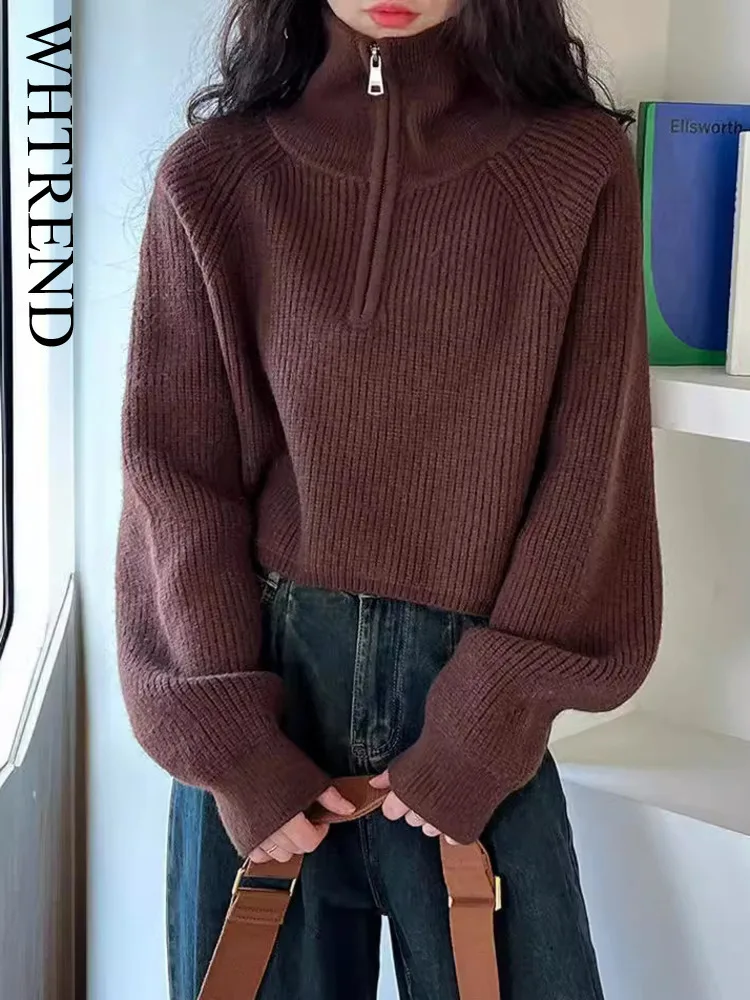 WHTREND Koreanischen Stil High-End-Half-Zip Einfarbig Stehkragen Kurze Gestrickte Pullover frauen Herbst Winter Neue pullover