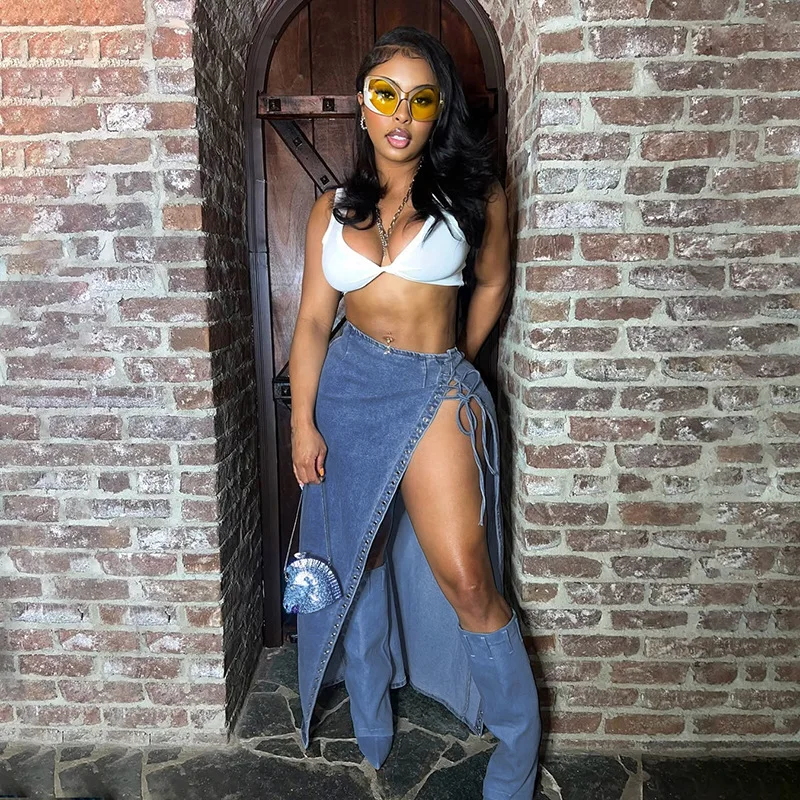 

Европейская и американская женская одежда, модные женские юбки до половины тела с кукурузным глазом, джинсовые длинные юбки с разрезом по бокам