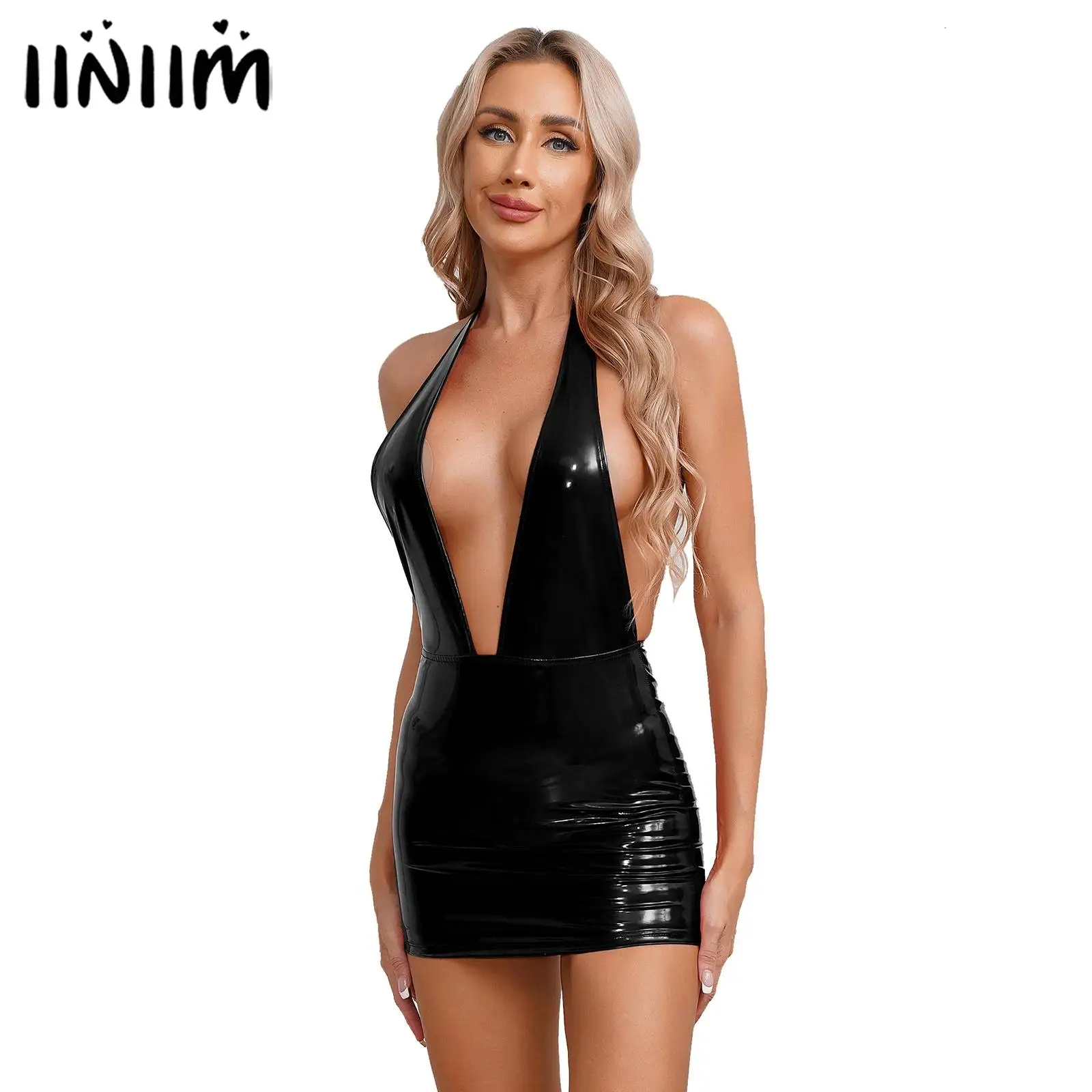 

Womens Mini Length PVC Latex Dress Stunning Back Zipper Disco Short Dress Wet Look Patent Leather Tights Bodycon Mini Dress