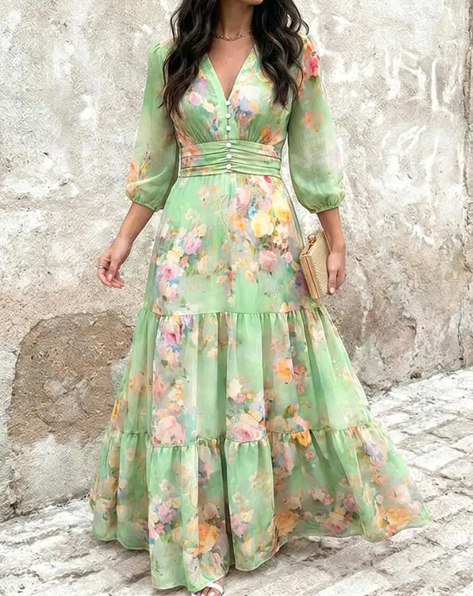 

Women's Dress 2026 Spring New Watercolor Flower V-Neck Shirt High Waist Lantern Sleeve A-Line Ruffle Chiffon Holiday Dress