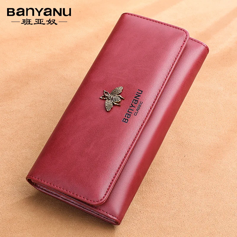 Western Cowhide Leather Bee Design Women Wallet Fashion Large Capacity Hasp Purse for Ladies